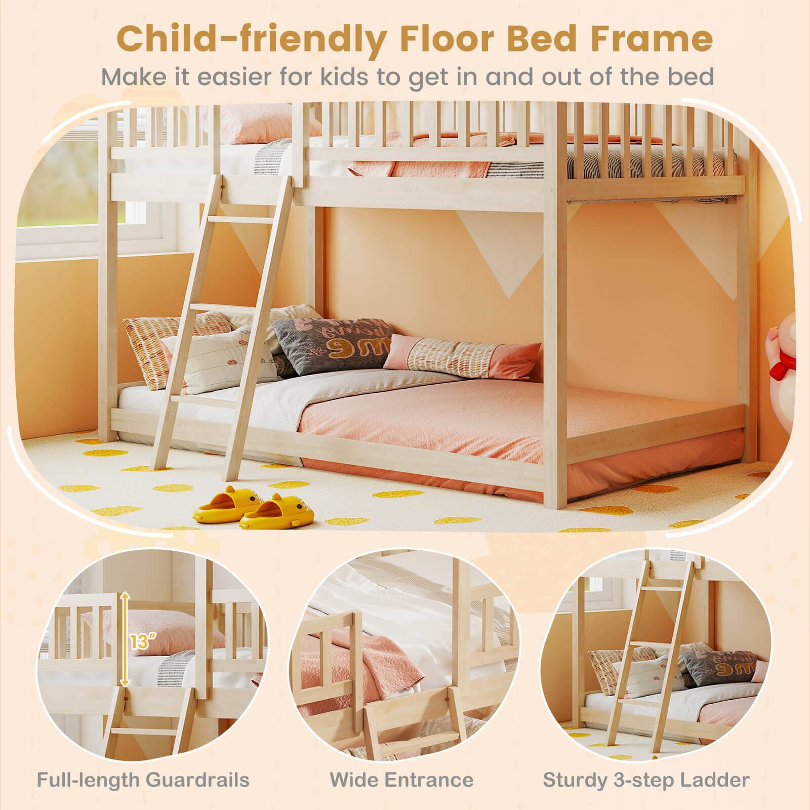 Child-friendly Floor Bed Frame  
Make it easier for kids to get in and out of the bed  

- Full-length Guardrails  
- Wide Entrance  
- Sturdy 3-step Ladder  

13"