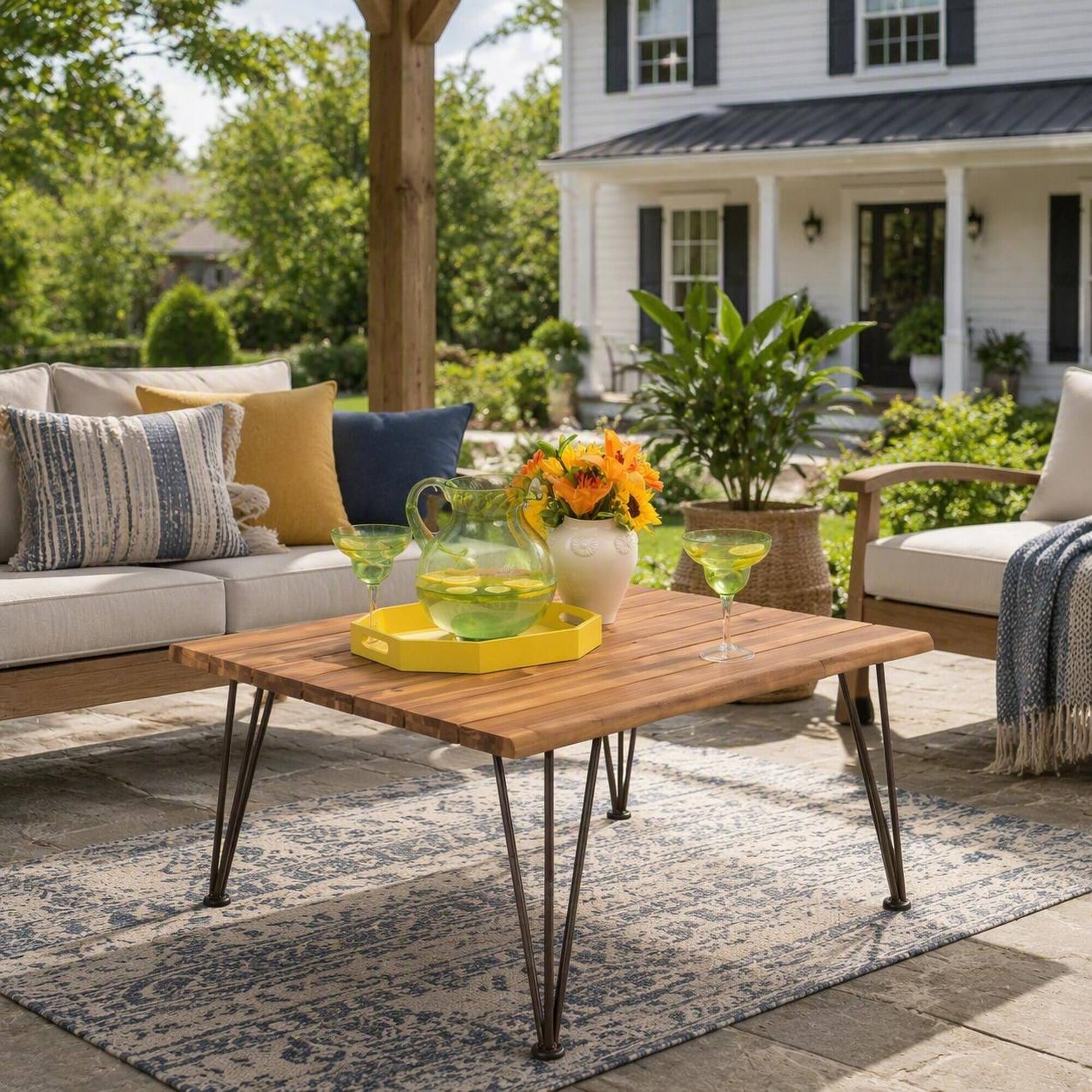 RYHNUYNE Square Outdoor Acacia Wood Coffee Table With Metal Hairpin ...