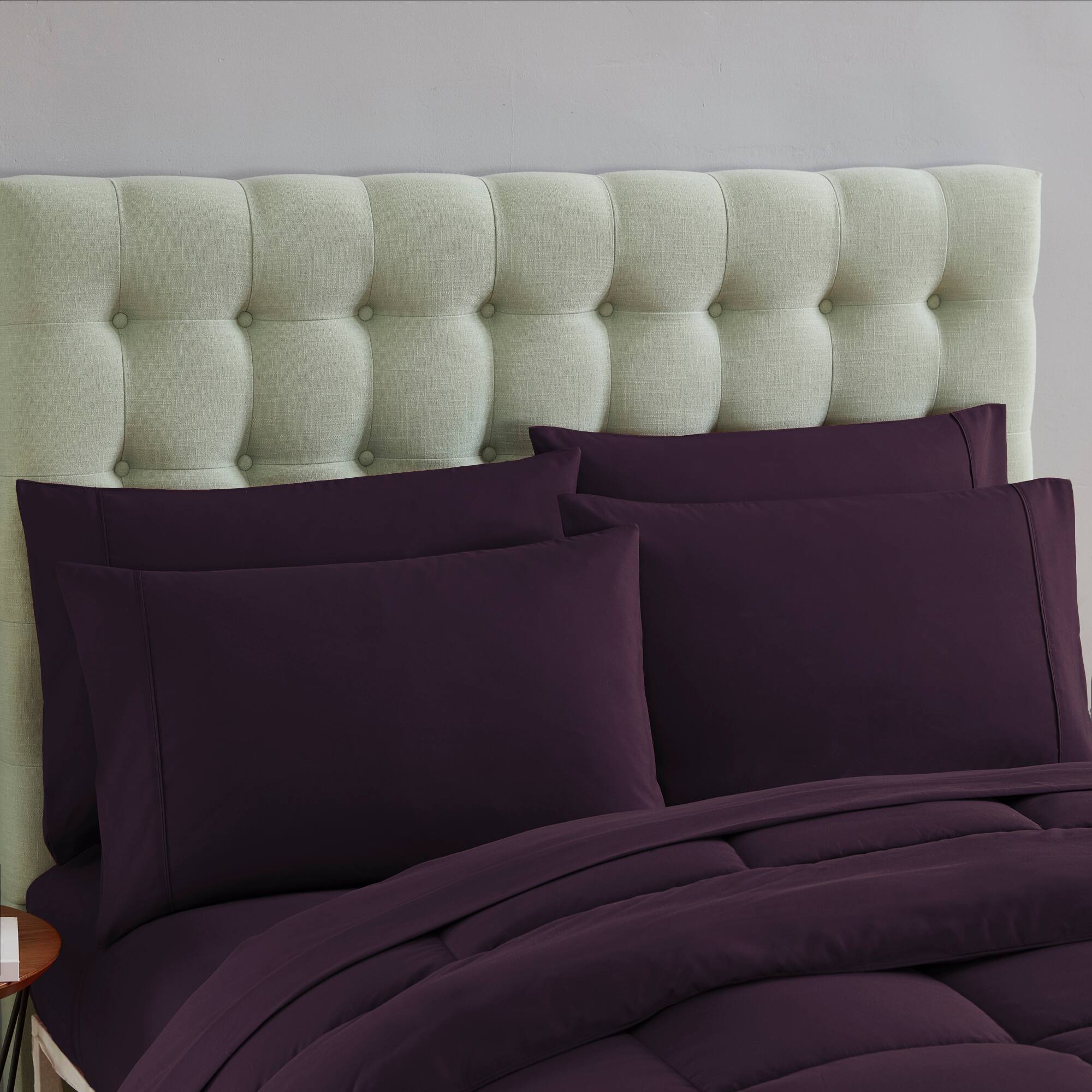 Angle. Sweet Home Collection - All Season Reversible Bed-in-A-Bag Solid Color Comforter & Sheet Set, California King - Purple.