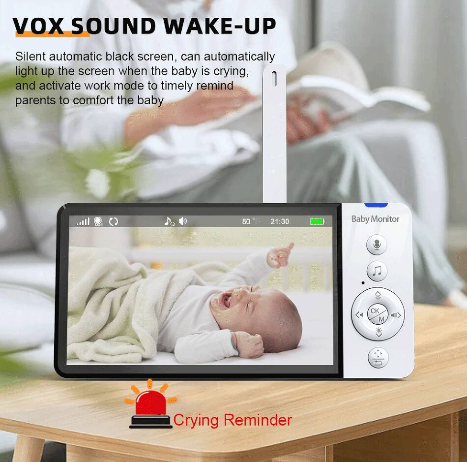 **VOX SOUND WAKE-UP**

Silent automatic black screen, can automatically light up the screen when the baby is crying, and activate work mode to timely remind parents to comfort the baby

**Baby Monitor**

**Crying Reminder**