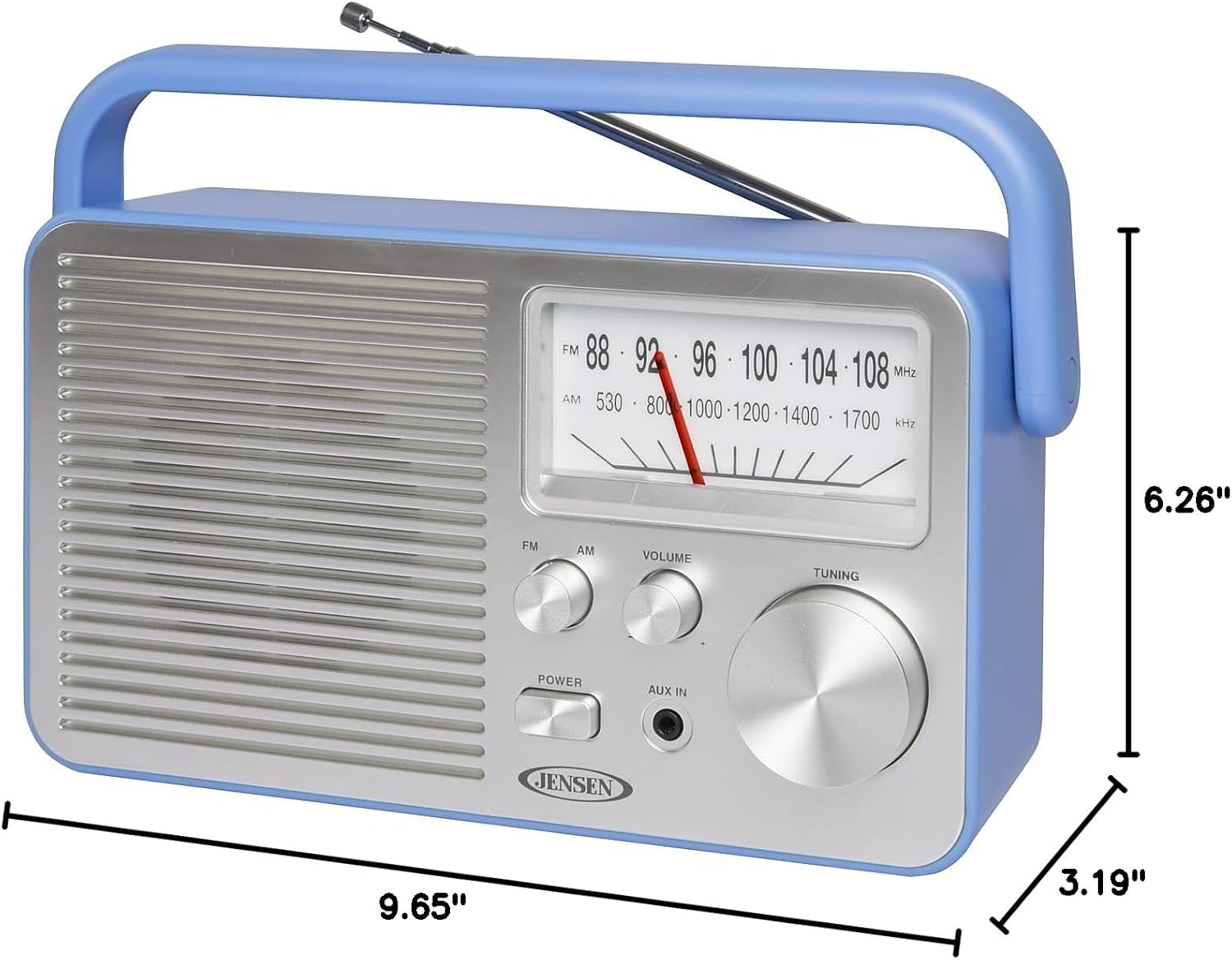 FM 88 92 96 100 104 108 MHZ AM 530 800 1000 1200 1400 1700 kHz 6.26" FM AM VOLUME TUNING POWER AUX IN JENSEN 9.65" 3.19"