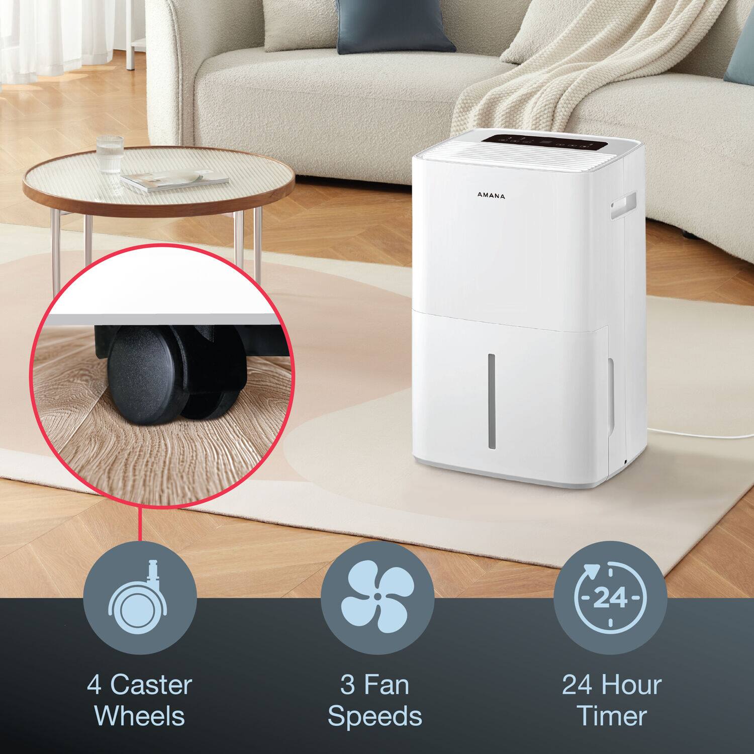 AMANA  
4 Caster Wheels  
3 Fan Speeds  
24 Hour Timer