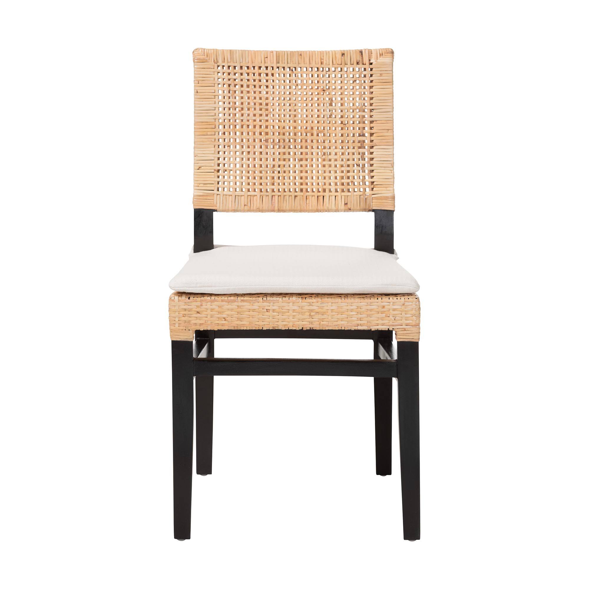 Angle. bali & pari - Lesia Natural Rattan Dining Chair with Cushion - Handwoven Wicker Side Chair with Mahogany Wood Frame - Natural Rattan/Espresso Brown.