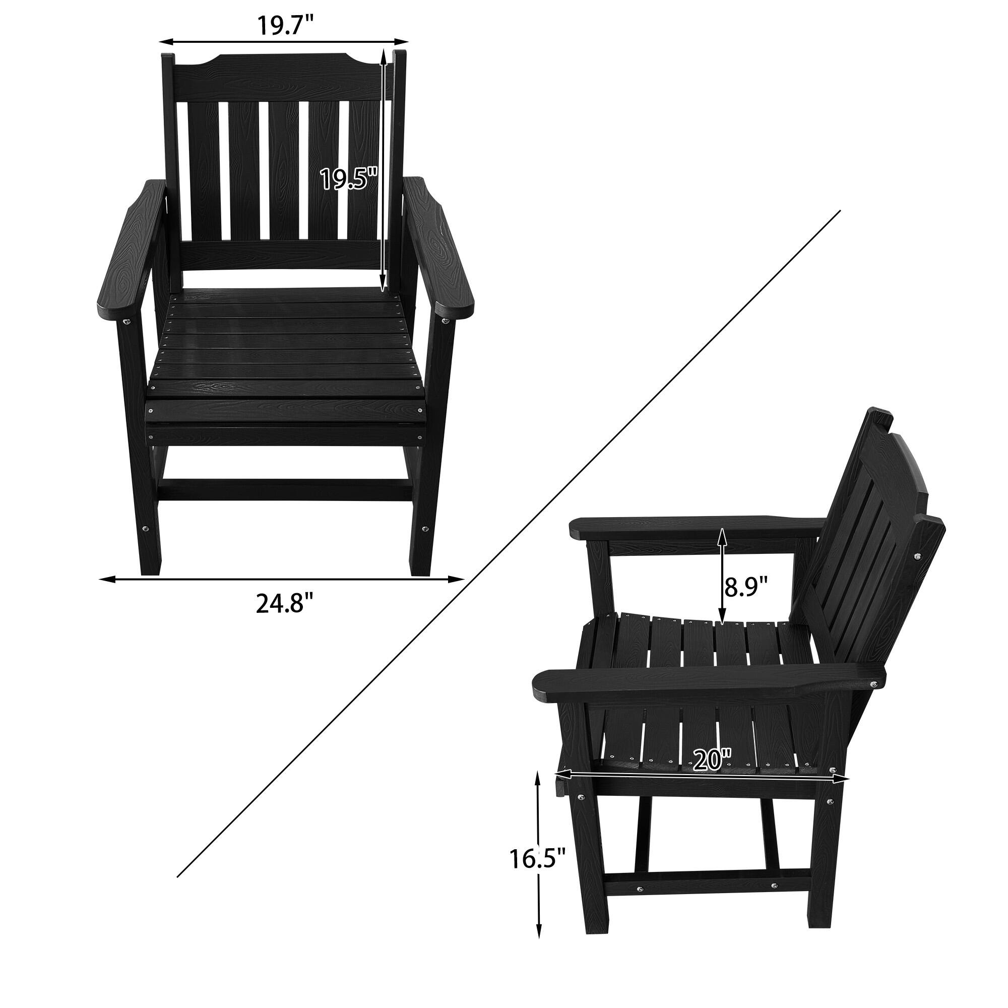 Diagram showing dimensions of a single black outdoor chair.