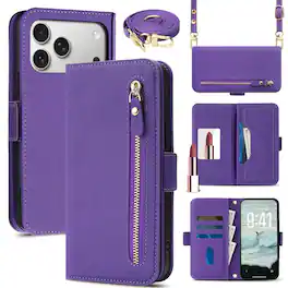 Dteck - For Apple iPhone 17 Pro Max Shockproof Leather Zipper Flip Wallet Case With Mirror and Crossbody Strap - Purple