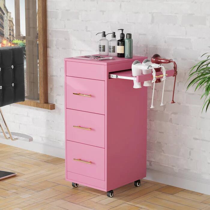Left. Winado - Mobile Salon Trolley Cart with Locking Wheels , 3 Large Drawers, 3 Hot Tool Holders for Salon, Beauty, Styling, Barber - Pink.