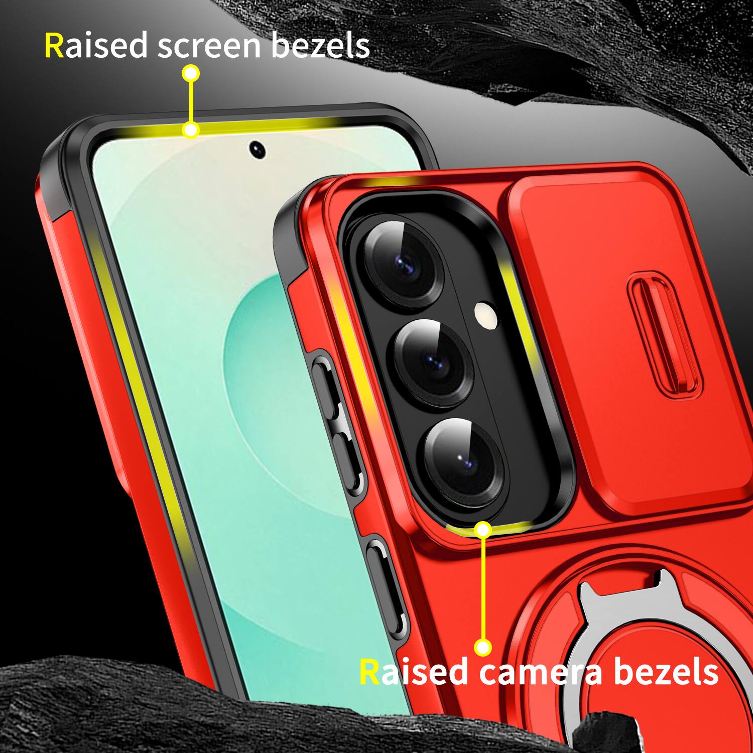 Raised screen bezels  
Raised camera bezels