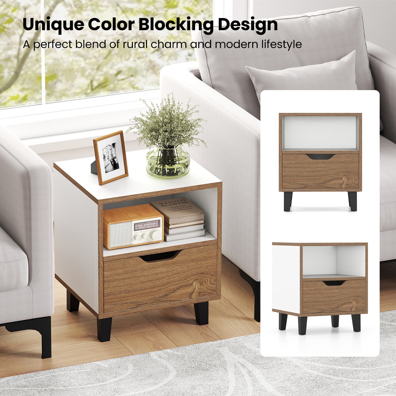 サイドテーブル・ナイトテーブル・ローテーブル Mid Century White Chest Box Gymax Nightstand Mid Century Modern Bedside Table w/ Drawer Open