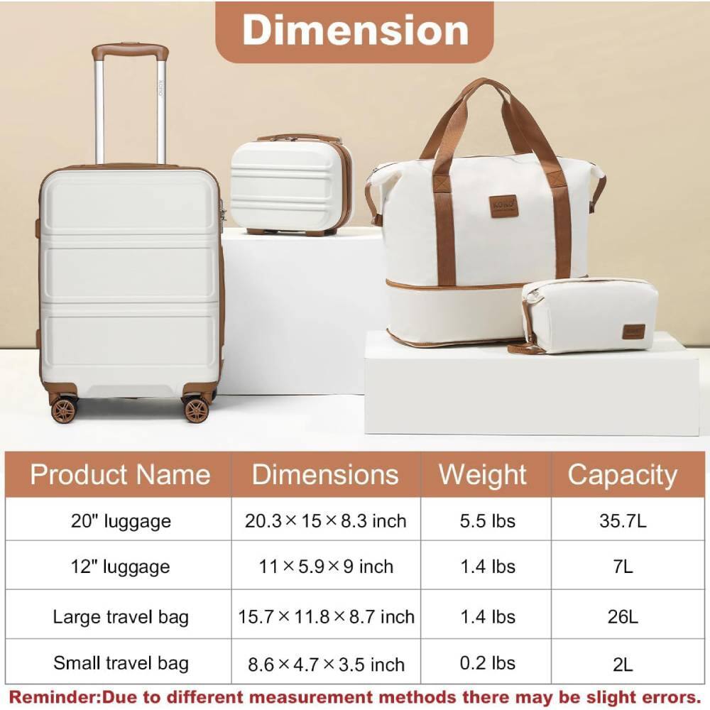 Sure, here is the corrected and grouped text:

---

**Dimension**

| Product Name       | Dimensions          | Weight | Capacity |
|--------------------|--------------------|--------|----------|
| 20" luggage        | 20.3 x 15 x 8.3 inch | 5.5 lbs| 35.7L    |
| 12" luggage        | 11 x 5.9 x 9 inch   | 1.4 lbs| 7L       |
| Large travel bag   | 15.7 x 11.8 x 8.7 inch| 1.4 lbs| 26L      |
| Small travel bag   | 8.6 x 4.7 x 3.5 inch | 0.2 lbs| 2L       |

**Reminder:** Due to different measurement methods there may be slight errors.

---