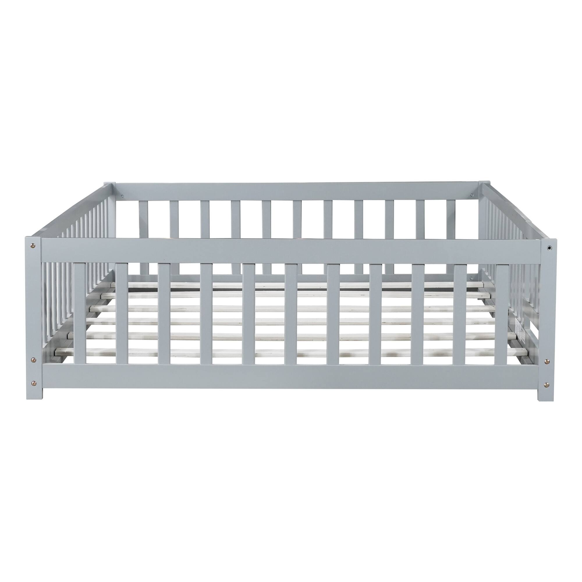 Alt View 10. GOODSILO - Full Size Low Profile Children's Floor Bed with Safety Guardrails and Entry Door, Solid Wood Construction - Grey.