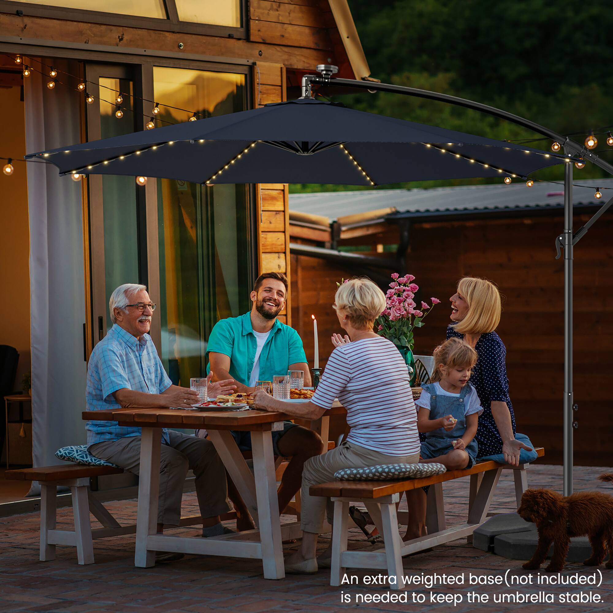 An extra weighted base (not included) is needed to keep the umbrella stable.