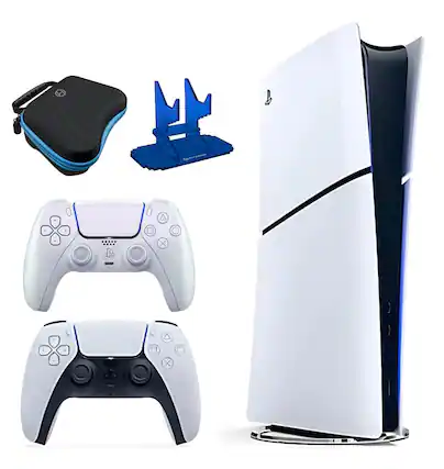 Front. Sony - Sony PS5 Slim Digital Fortnite Cobalt Star Bundle + Chroma Pearl Controller NEW - White.