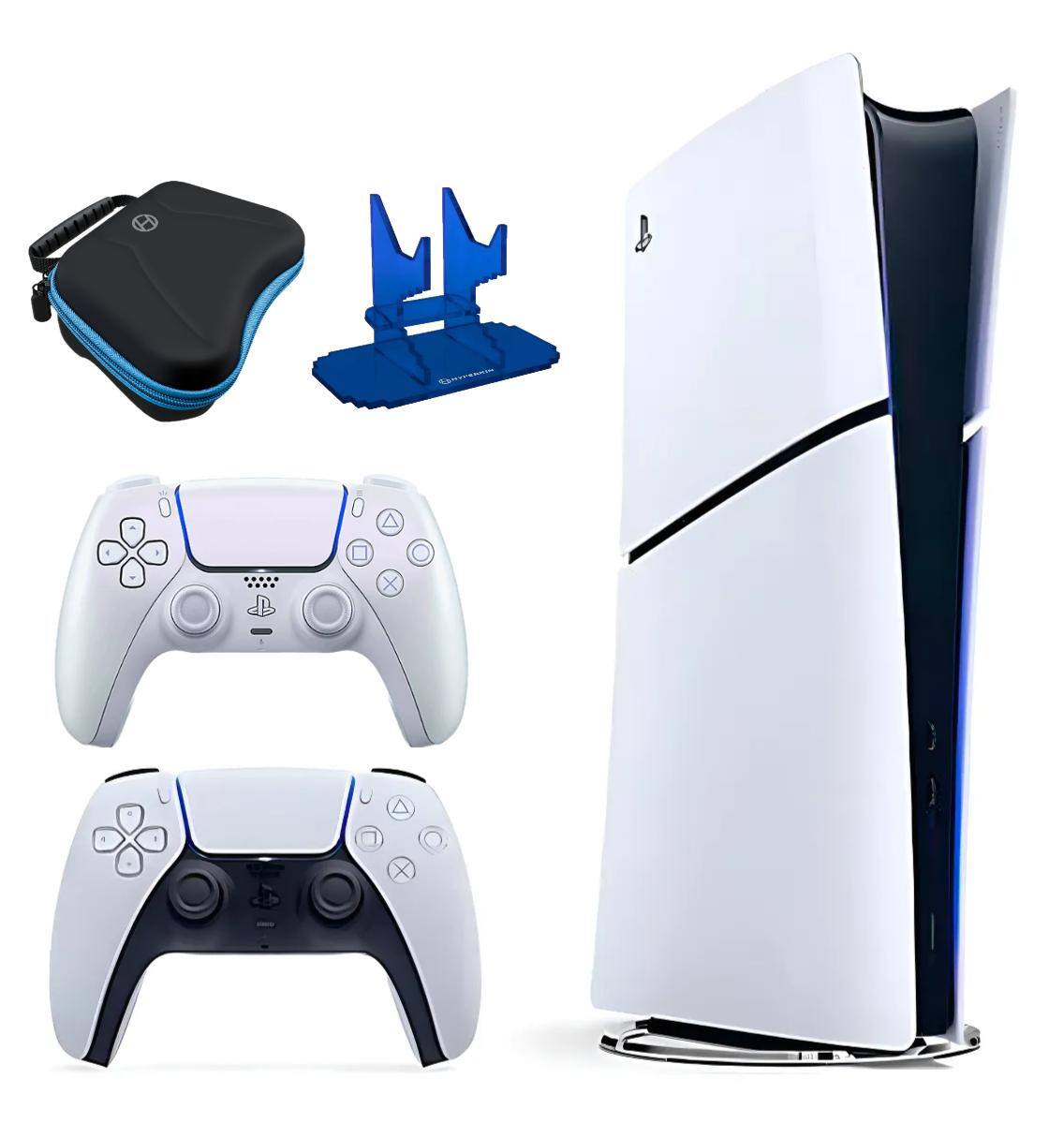 Front. Sony - Sony PS5 Slim Digital Fortnite Cobalt Star Bundle + Chroma Pearl Controller NEW - White.