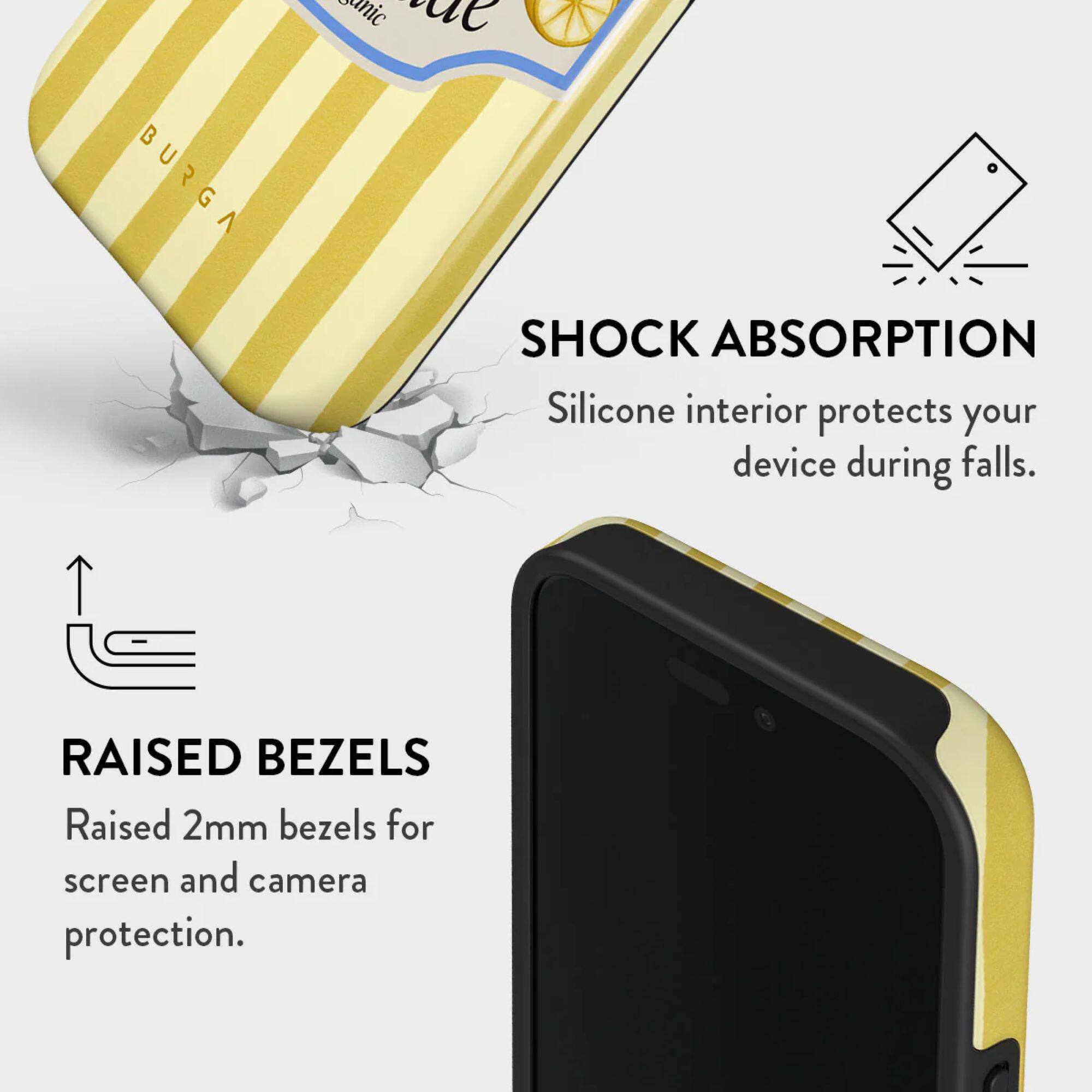 SHOCK ABSORPTION  
Silicone interior protects your device during falls.

RAISED BEZELS  
Raised 2mm bezels for screen and camera protection.