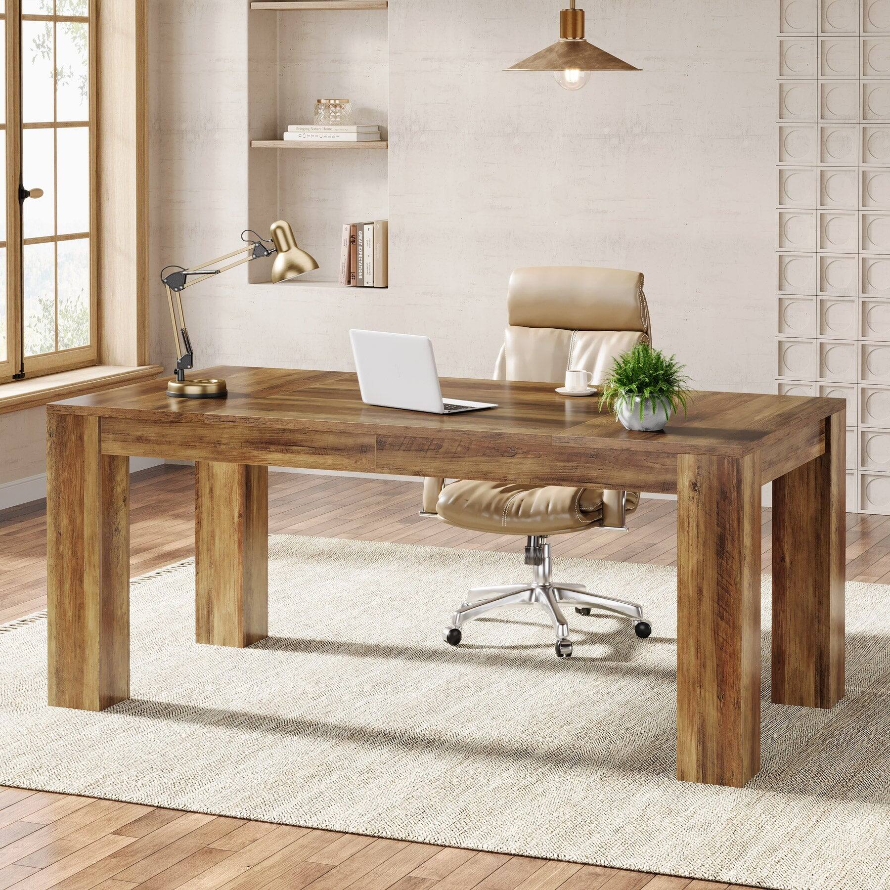 Back. Tribesigns - Office Executive Desk, For Computer Work and Writing in Home Offices and Everyday Organization - Brown.