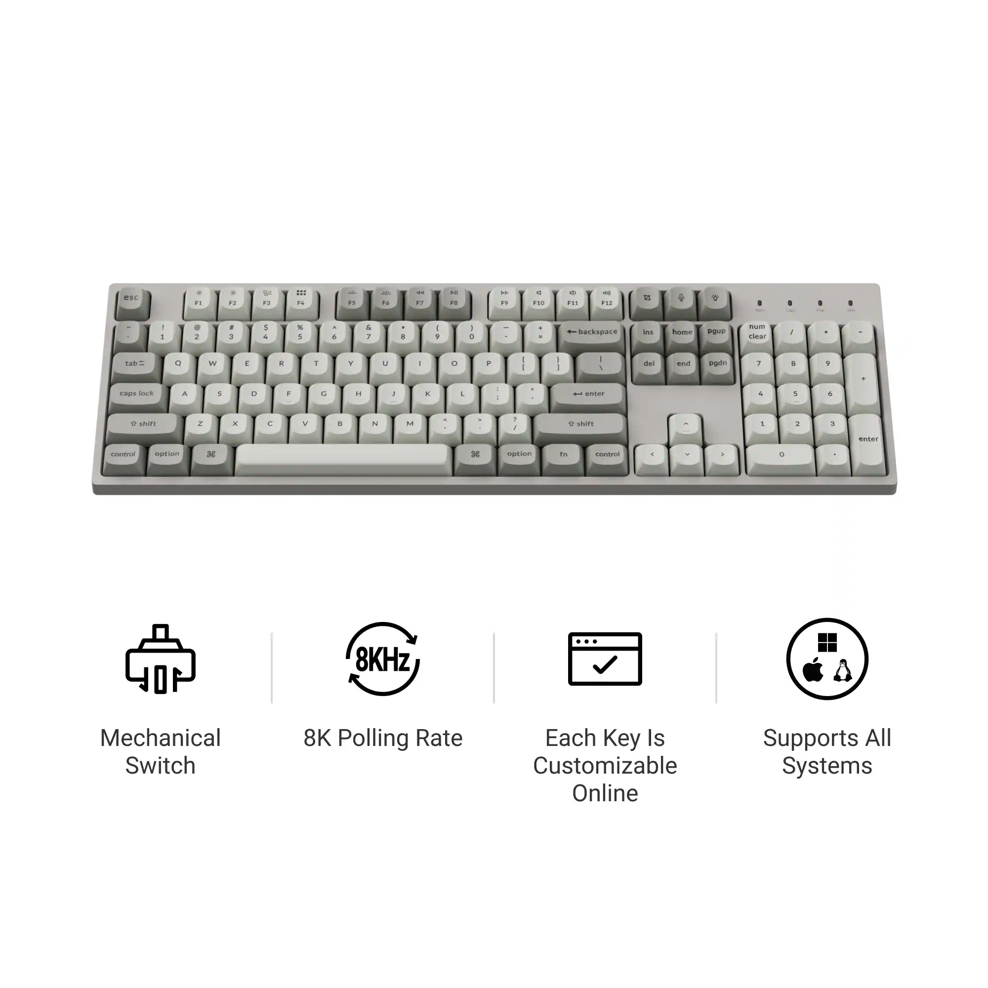 - Mechanical Switch
- 8K Polling Rate
- Each Key Is Customizable Online
- Supports All Systems