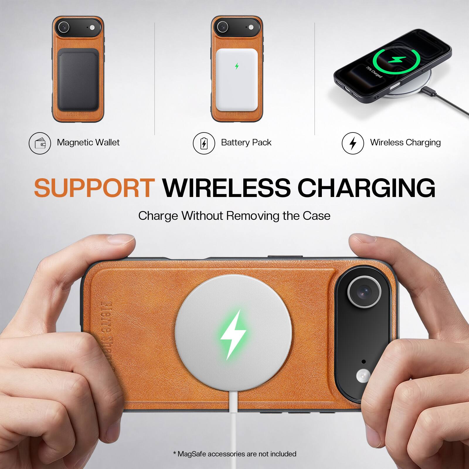NSI Charged  
Magnetic Wallet  
Battery Pack  
Wireless Charging  
SUPPORT WIRELESS CHARGING  
Charge Without Removing the Case  
*MagSafe accessories are not included