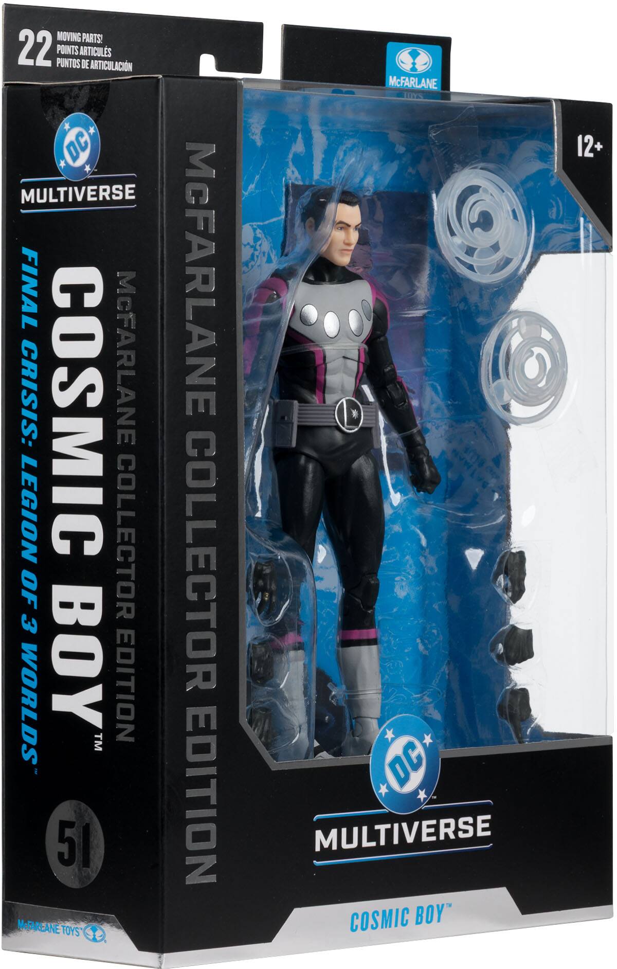 MOVING PARTS!  
22 POINTS ARTICULS DE ARTICULACIÓN  
PUNTOS DE ARTICULACIÓN  

DC MULTIVERSE  
FINAL CRISIS: LEGION COLLECTOR OF 3 WORLDS BOY EDITION TM  

McFARLANE TOYS  
McFARLANE COLLECTOR EDITION  
McFARLANE JUYS  
DC MULTIVERSE COSMIC BOY  

12+
