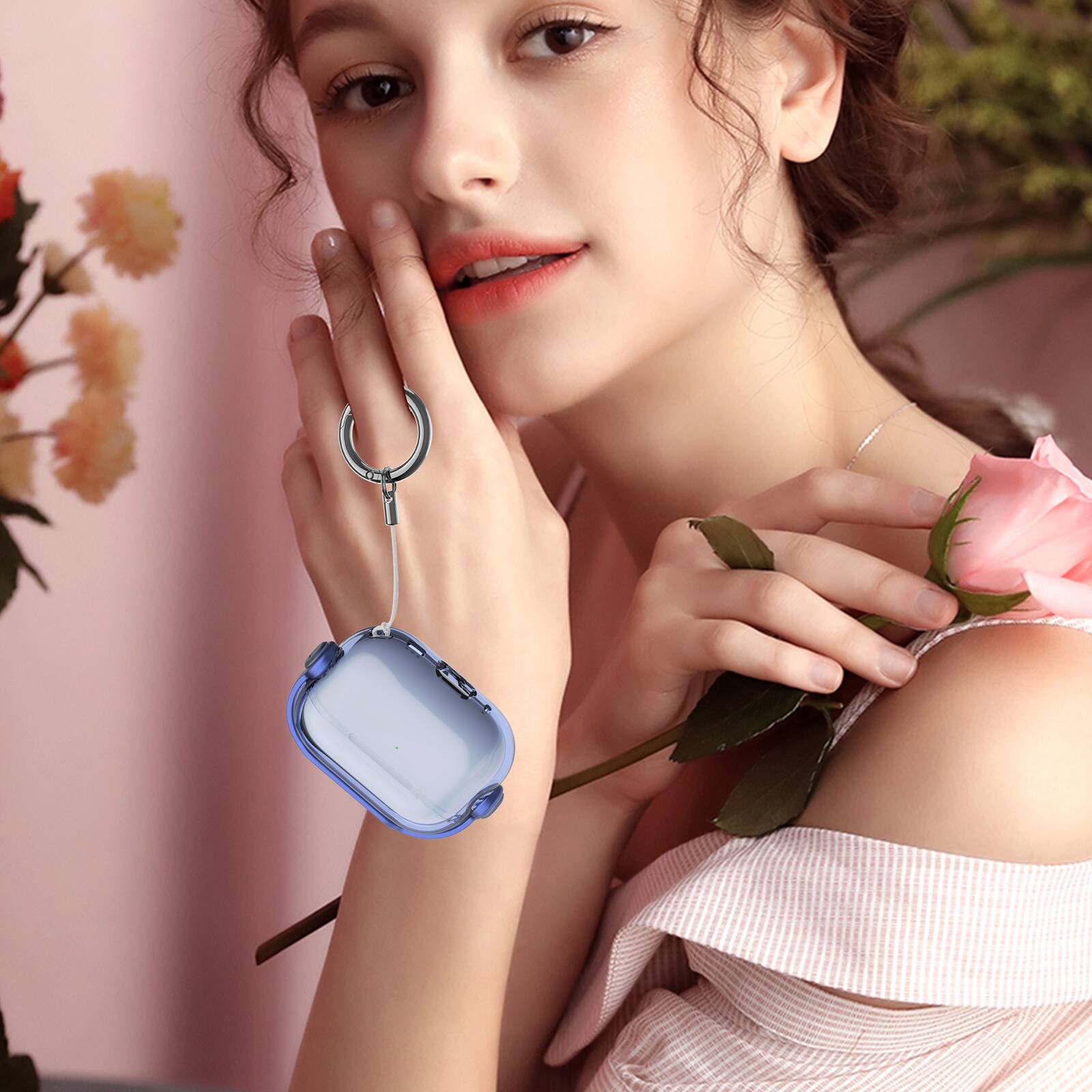 Alt View 3. Dteck - For Apple Airpods 4th/5th Gen Slim Fit Clear Kickstand Shockproof Drop Protection Case With Anti-Loss Ring - Blue.