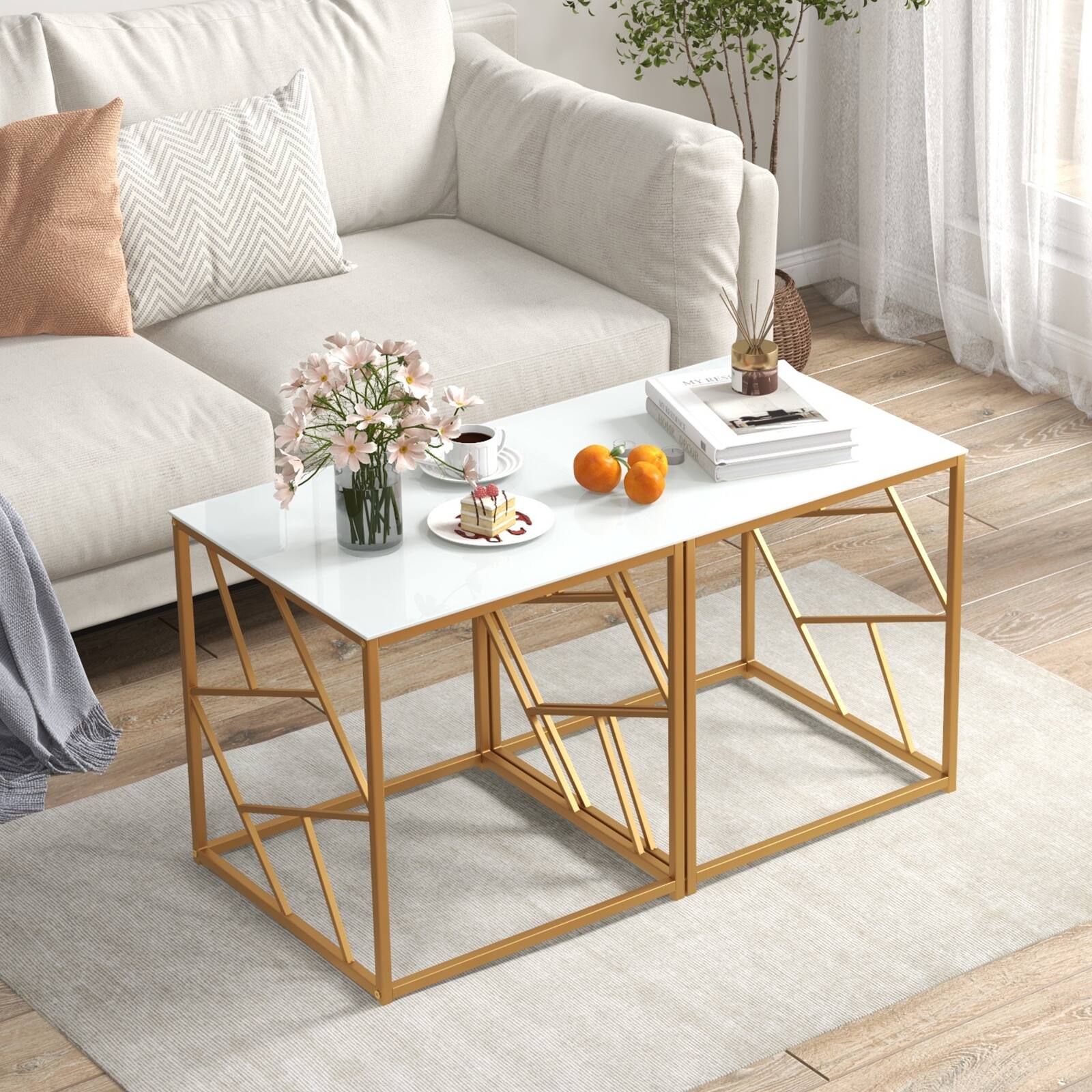 Angle. Costway - 2PCS 19.5" Side Table Square Bedside Sofa Accent Coffee Table Tempered Glass Top - Gold+White.