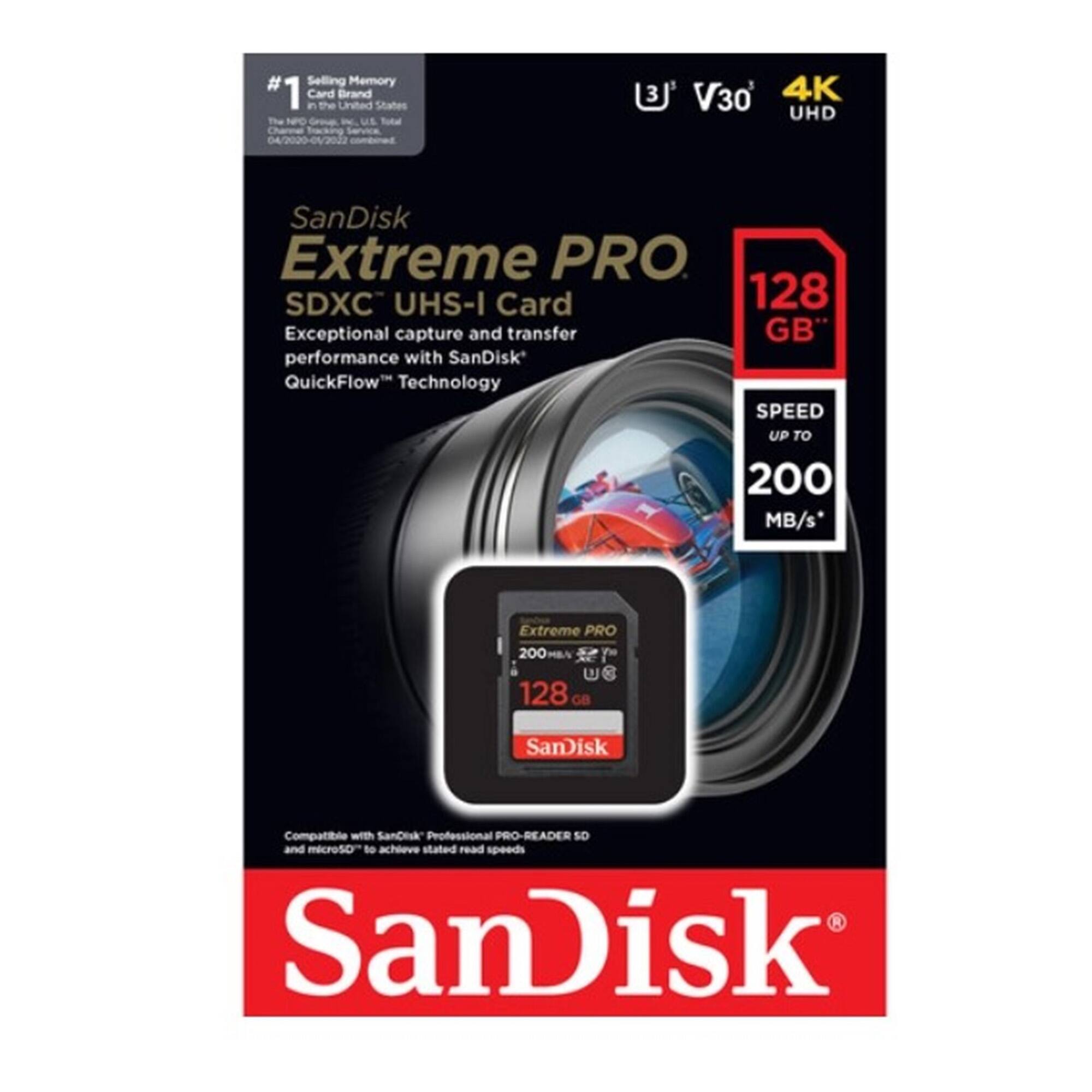 #1 Selling Memory Card Brand in the United States

SanDisk Extreme PRO SDXC UHS-I Card

Exceptional capture and transfer performance with SanDisk QuickFlow Technology

SPEED UP TO 200 MB/s

128 GB

V30 4K UHD

04/2020-01/2023

Compatible with SanDisk Professional PRO-READER SD and microSD to achieve stated read speeds