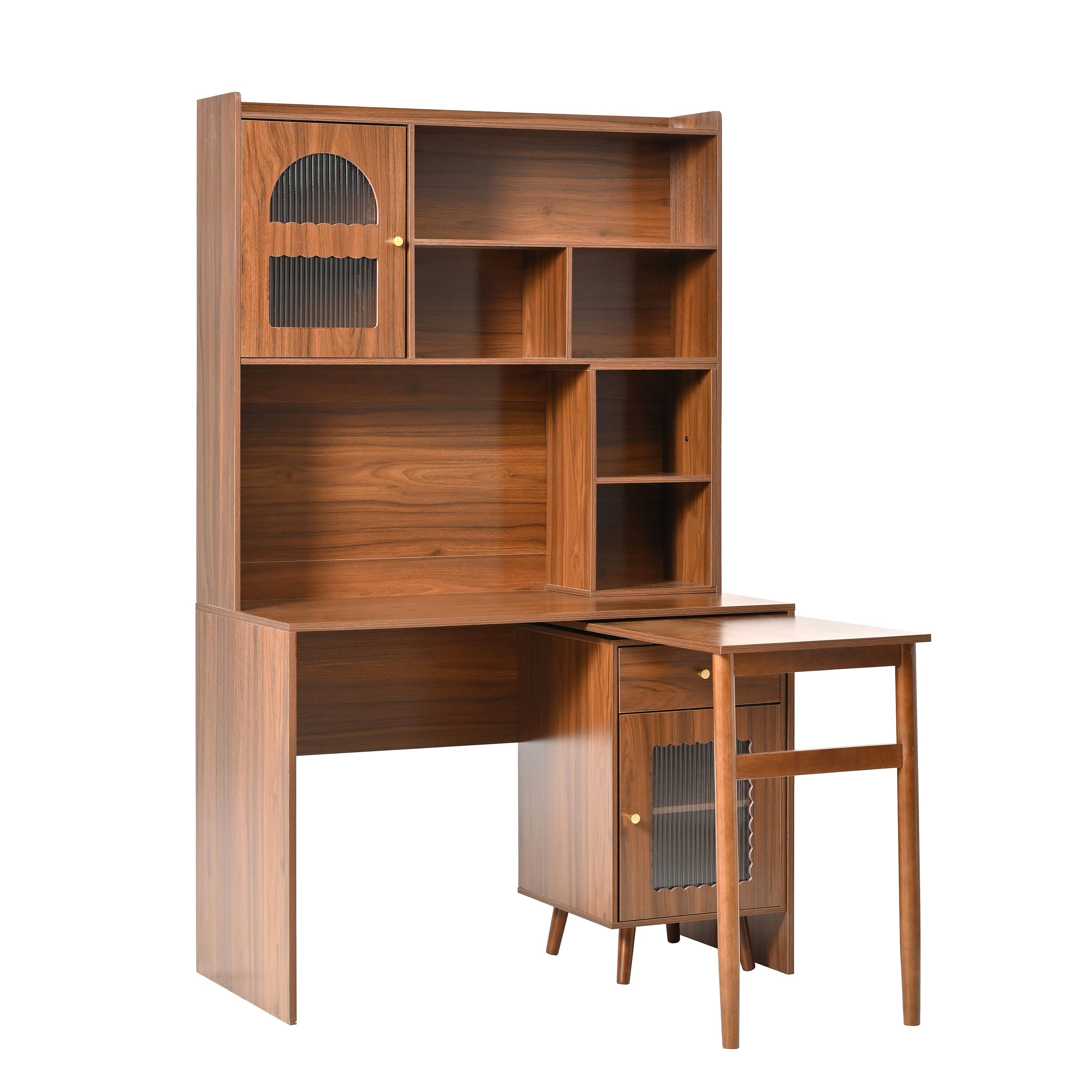 Alt View 8. Tiramisubest - Computer Desk with 90°Rotating Desktop,43x70 Inch Office Desk with Storage Drawer and Cabinets,Gaming Desk with Shelves - Walnut.