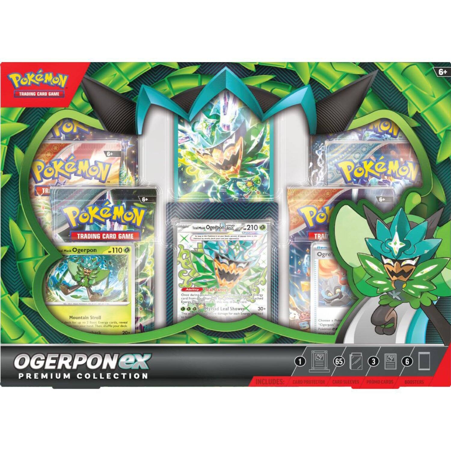 Pokémon Trading Card Game  
Ogerpon EX Premium Collection  

Includes:  
- Card Protector  
- Card Sleeves  
- Promo Cards  
- 6 Boosters  

Pokémon Trading Card Game  
6+  

Total Ogerpon  
- 210  

Mystic Ogerpon  
- 110  

Mountain Scroll  
- 20  

Mystic Shower  
- 30  

Chomse T  
- 1  

Ogerpon EX  
- 65  

3 Promo Cards