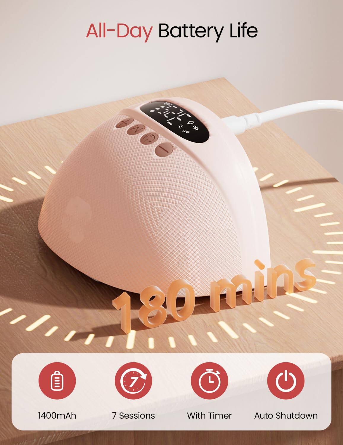 All-Day Battery Life

180 mins

1400mAh

7 Sessions

With Timer

Auto Shutdown