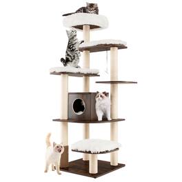 Costway - Wooden Cat Tree 71" 7-Layer Cat Tower with Sisal Scratching Posts Perch & Cushions Brown - Brown,Beige