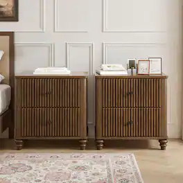 Loheer - Fluted Nightstand Set, Three Drawer Mid Century Modern Bedroom Storage - Walnut