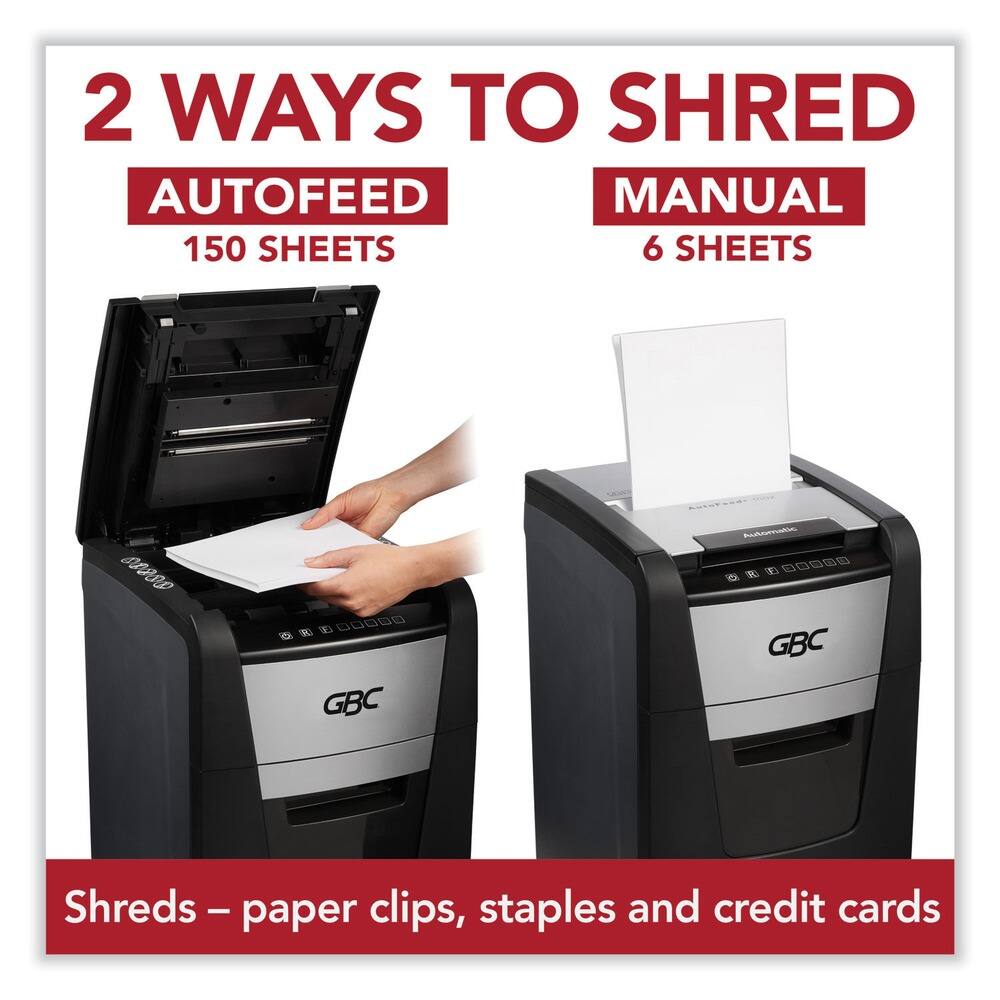 2 WAYS TO SHRED  
AUTOFEED  
150 SHEETS  

MANUAL  
6 SHEETS  

Shreds – paper clips, staples and credit cards