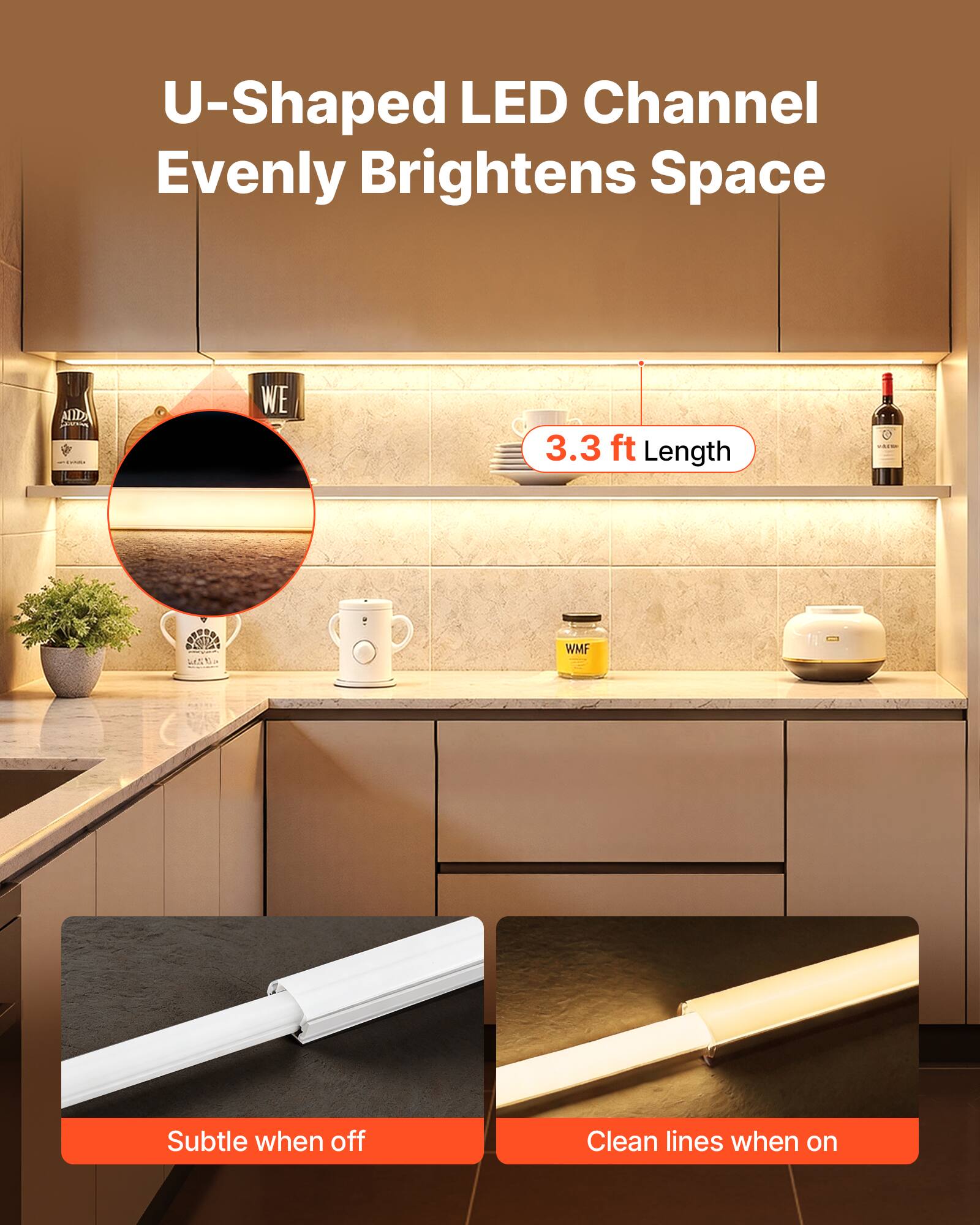 U-Shaped LED Channel Evenly Brightens Space

3.3 ft Length

Subtle when off

Clean lines when on