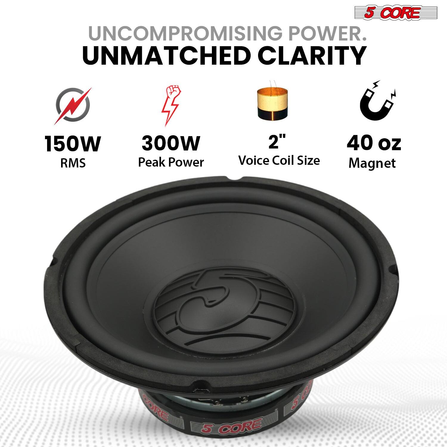 5 CORE, UNCOMPROMISING POWER, UNMATCHED CLARITY, 150W RMS, 300W Peak Power, 2" Voice Coil Size, 40 oz Magnet, 5g, 2 CORE, 5 CORE
