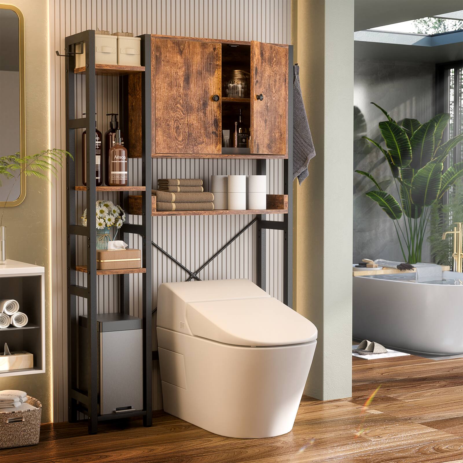 Alt View 4. Aheaplus - Over The Toilet Storage Cabinet with Doors, 7 Tier Freestanding Bathroom Organizer with Adjustable Shelves & 4 Hooks - Brown.