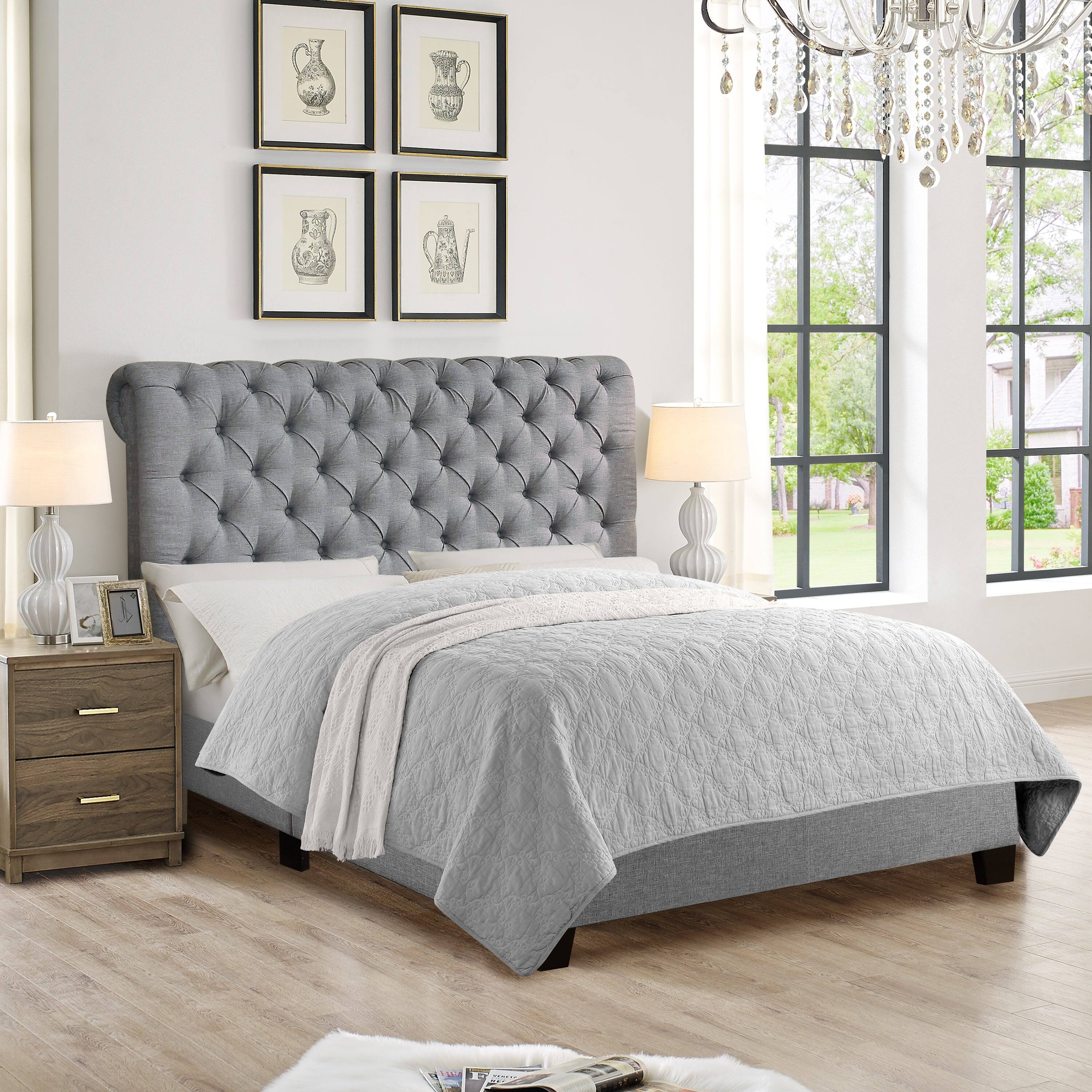 Alt View 1. Boyel Living - Upholstered Bed with Button Tufted Headboard and Solid Wood Frame - Light Gray.
