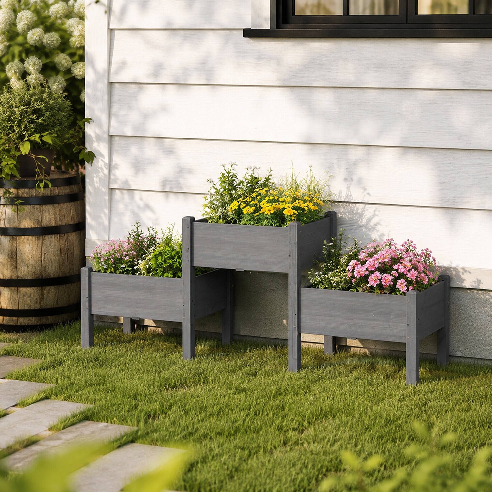 Angle. RYHNUYNE - Outsunny Raised Garden Bed with 3 Planter Box, Elevated Fir Wood Plant Stand with Drainage Holes for Vegetables - Gray.