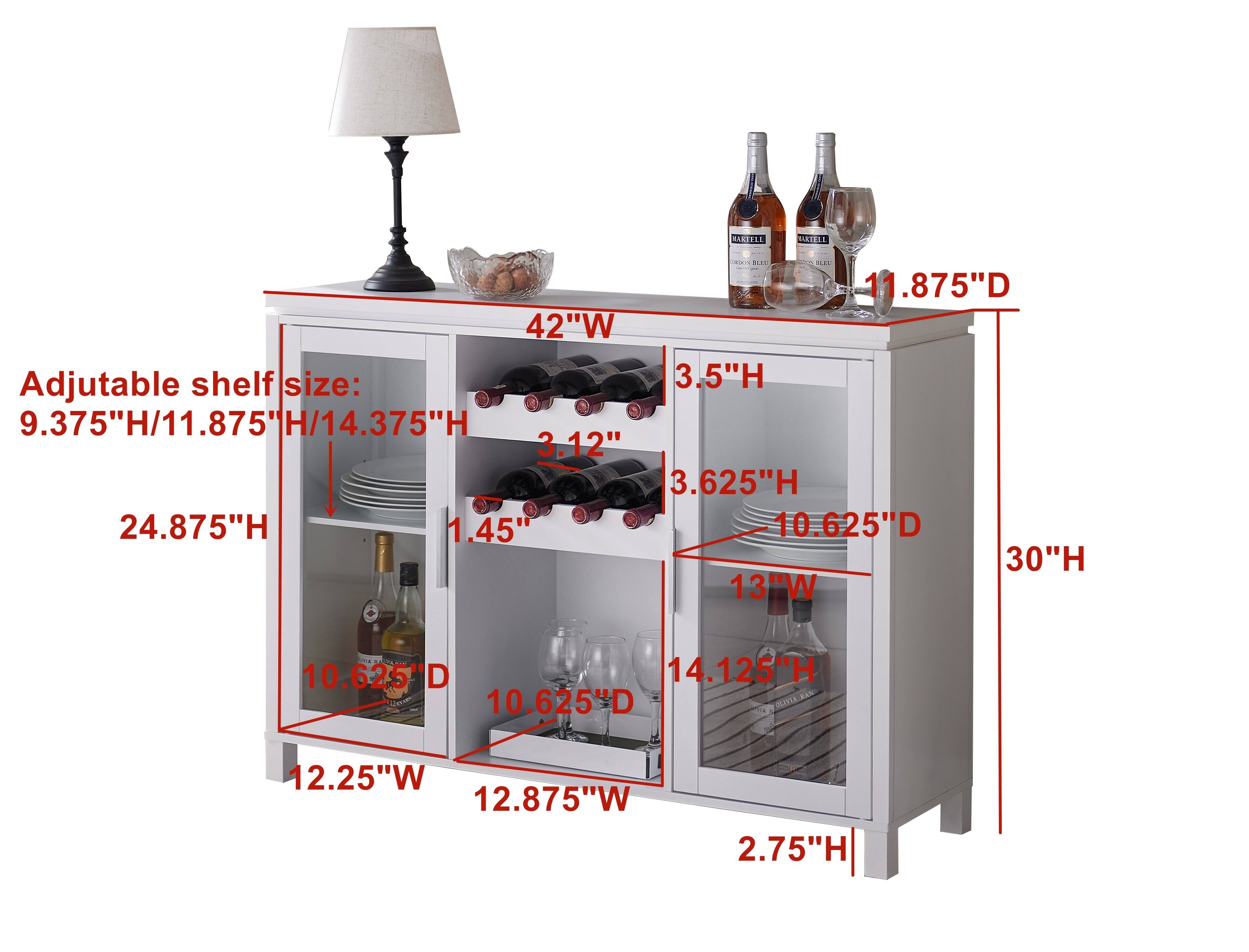 The dimensions of the cabinet are:

- Width: 42"
- Depth: 18.75"
- Height: 30"

The adjustable shelf sizes are:

- 9.375" H
- 11.875" H
- 14.375" H

The shelf depths are:

- 10.625" D

The shelf widths are:

- 12.25" W
- 12.875" W
- 13" W
- 14.125" W

The height of the top shelf is:

- 3.5" H

The height of the bottom shelf is:

- 2.75" H
