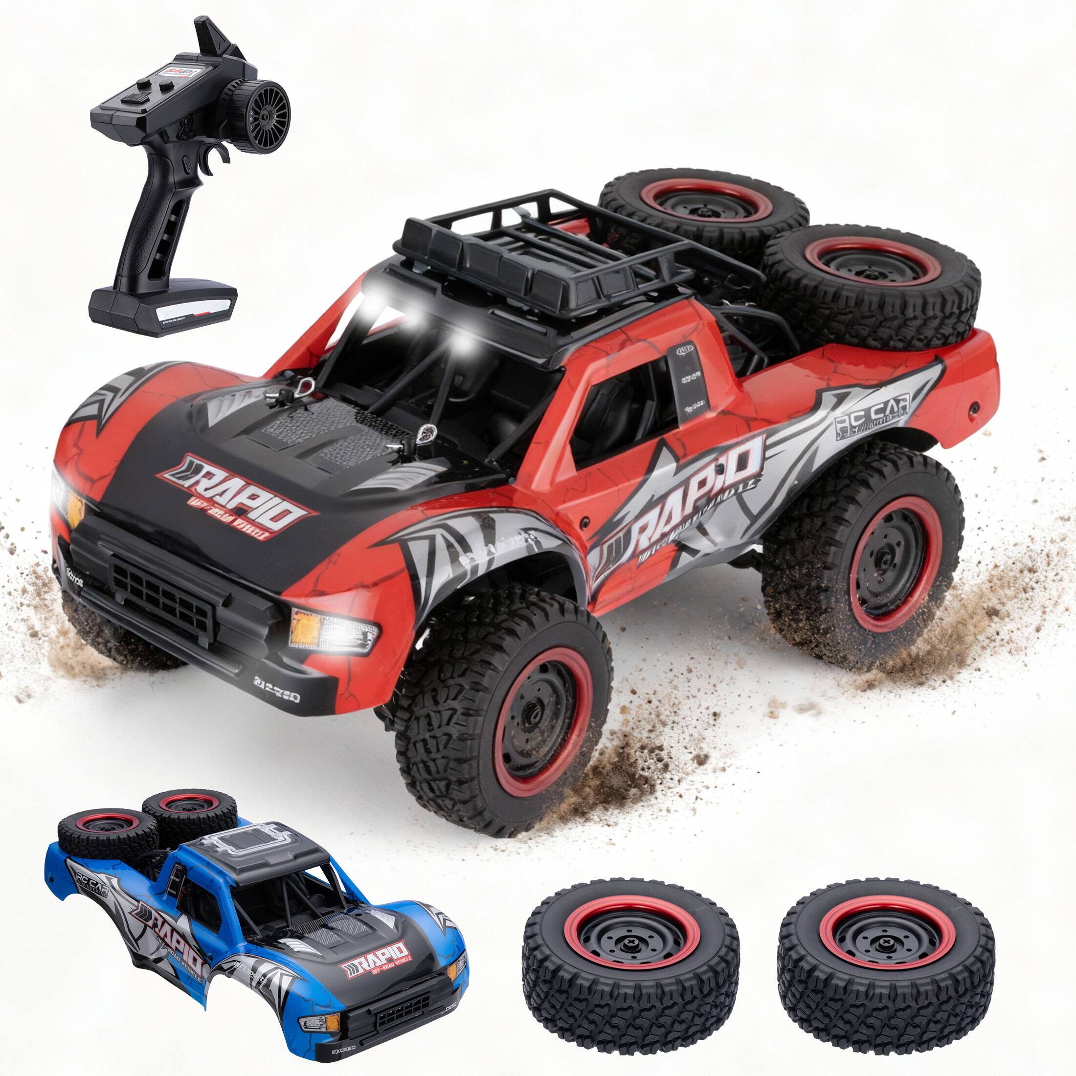 Sugift - 1:14 4WD High-Speed RC Truck – 70 km/h Off-Road Car with Dual Shells & LED Lights - Red