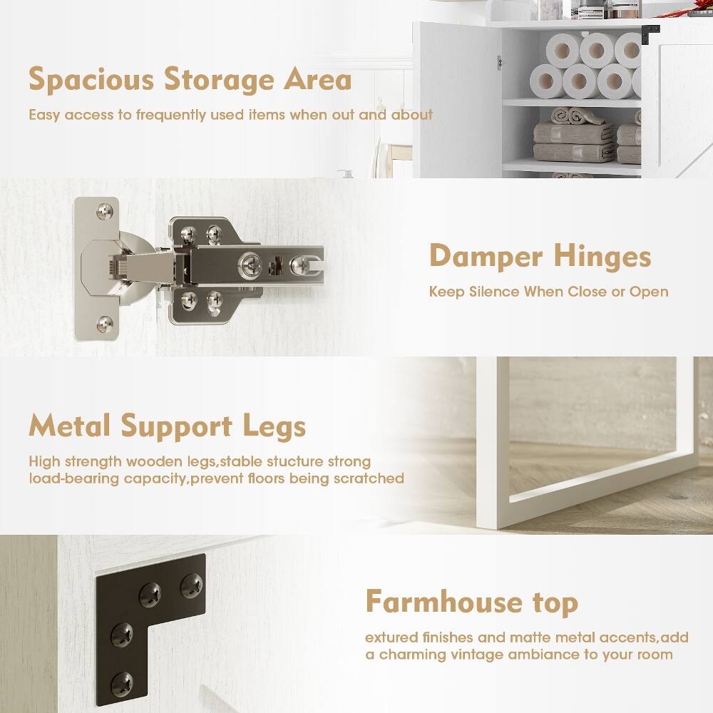 Spacious Storage Area  
Easy access to frequently used items when out and about

Damper Hinges  
Keep Silence When Close or Open

Metal Support Legs  
High strength wooden legs, stable structure, strong load-bearing capacity, prevent floors being scratched

Farmhouse top  
Textured finishes and matte metal accents, add a charming vintage ambiance to your room
