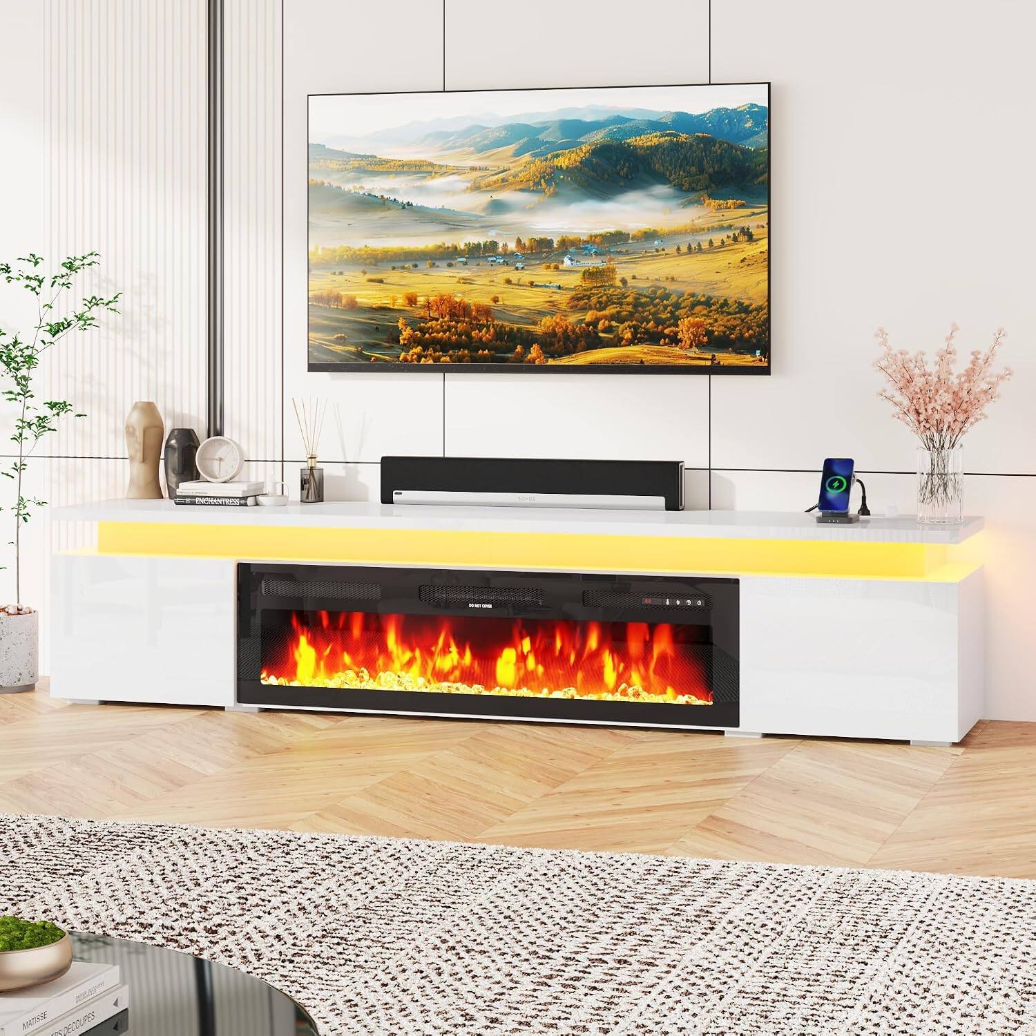 Alt View 3. Espafurni - 90inch Modern Fireplace TV Stand with Power Outlet Storage for up to 100" TVs - White.