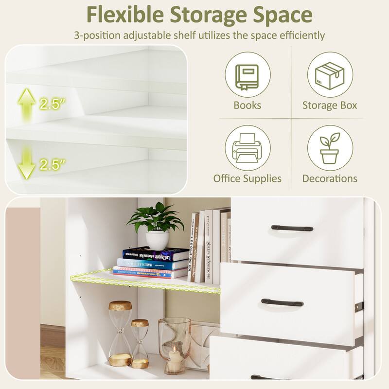 Flexible Storage Space  
3-position adjustable shelf utilizes the space efficiently  
2.5" Books  
Storage Box  
2.5" Office Supplies  
Decorations