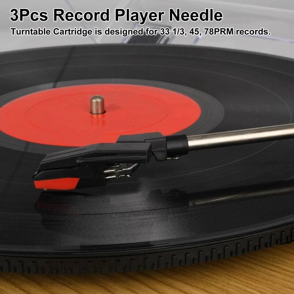 3Pcs Record Player Needle  
Turntable Cartridge is designed for 33 1/3, 45, 78PRM records.
