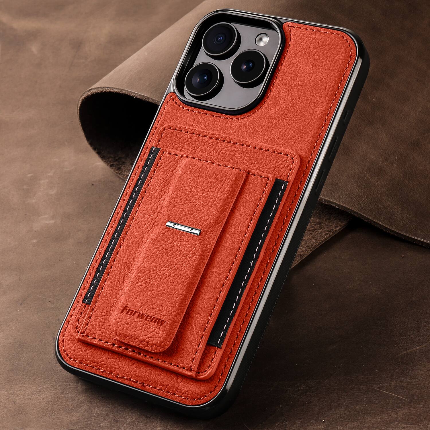 Alt View 2. Dteck - Slim Card Holder Case for Apple iPhone 16 Pro, Shockproof Wallet Protective Cover with Kickstand - Orange.