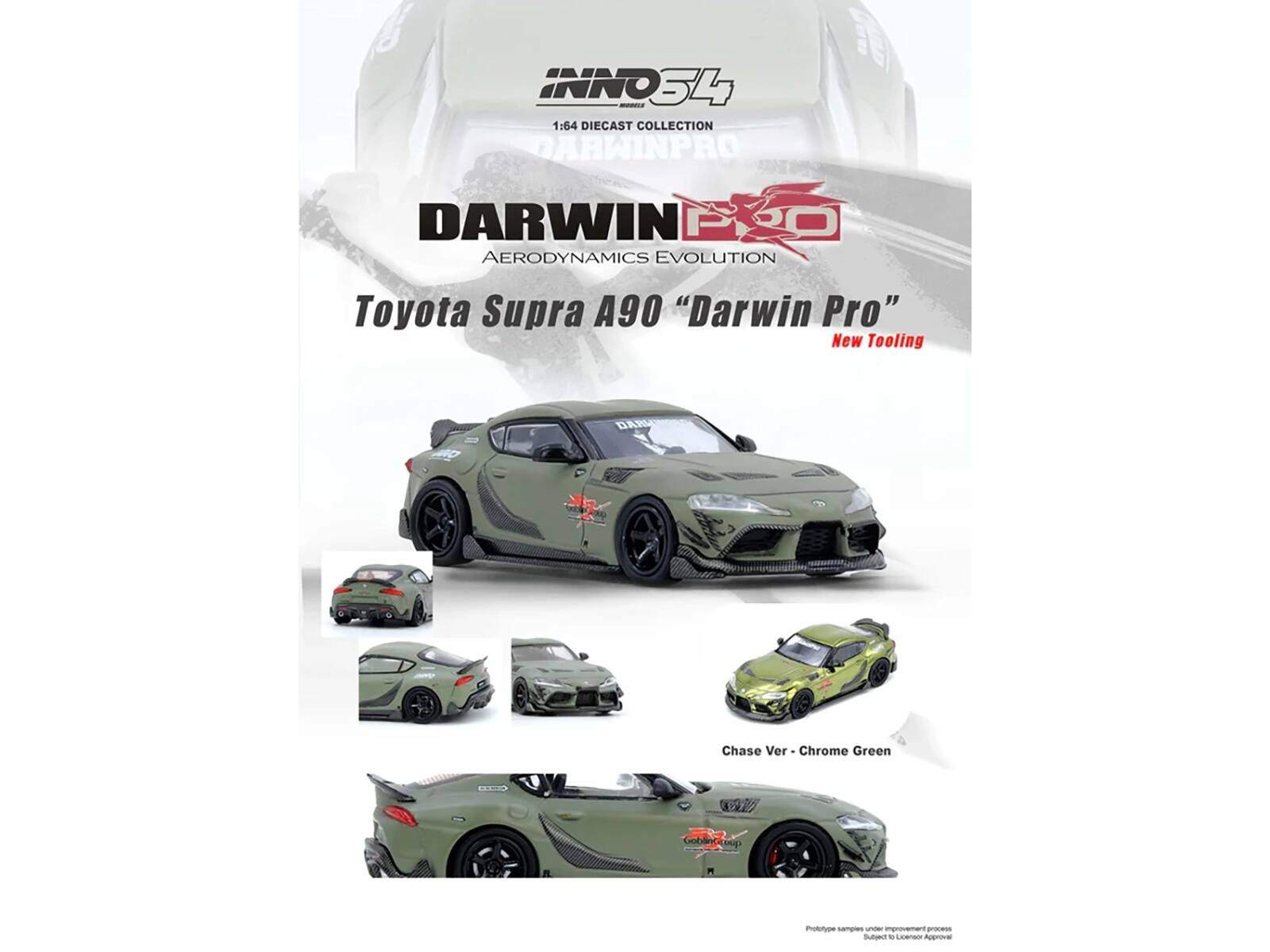 INNO34 1:64 DIECAST COLLECTION DARWIN PRO AERODYNAMICS EVOLUTION Toyota Supra A90 "Darwin Pro" New Tooling DAR Chase Ver Chrome Green

Note: Prototype samples under improvement process. Subject to LCM approval.