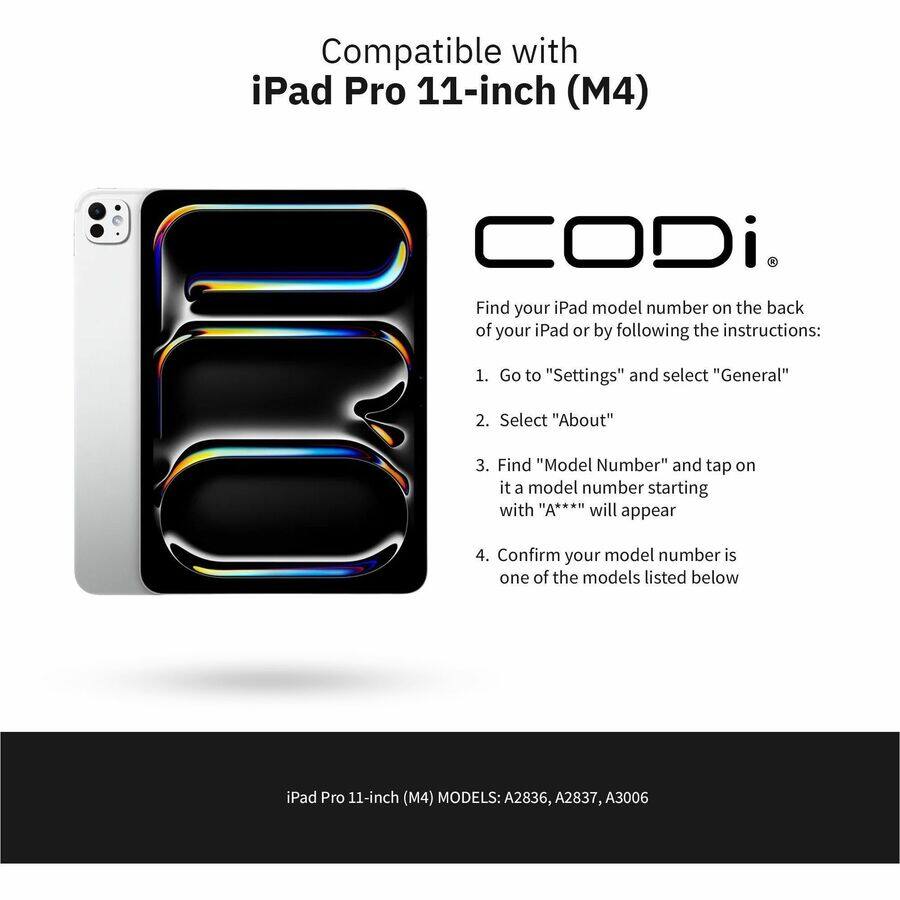 Compatible with iPad Pro 11-inch (M4)

Find your iPad model number on the back of your iPad or by following the instructions:
1. Go to "Settings" and select "General"
2. Select "About"
3. Find "Model Number" and tap on it a model number starting with "A***" will appear
4. Confirm your model number is one of the models listed below

iPad Pro 11-inch (M4) MODELS: A2836, A2837, A3006