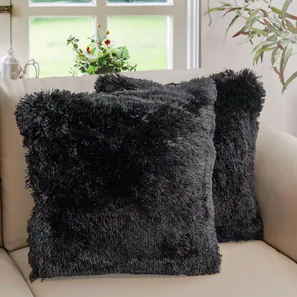 Front. Cheer Collection - Set of 2 Shaggy Long Hair Throw Pillows - Black.