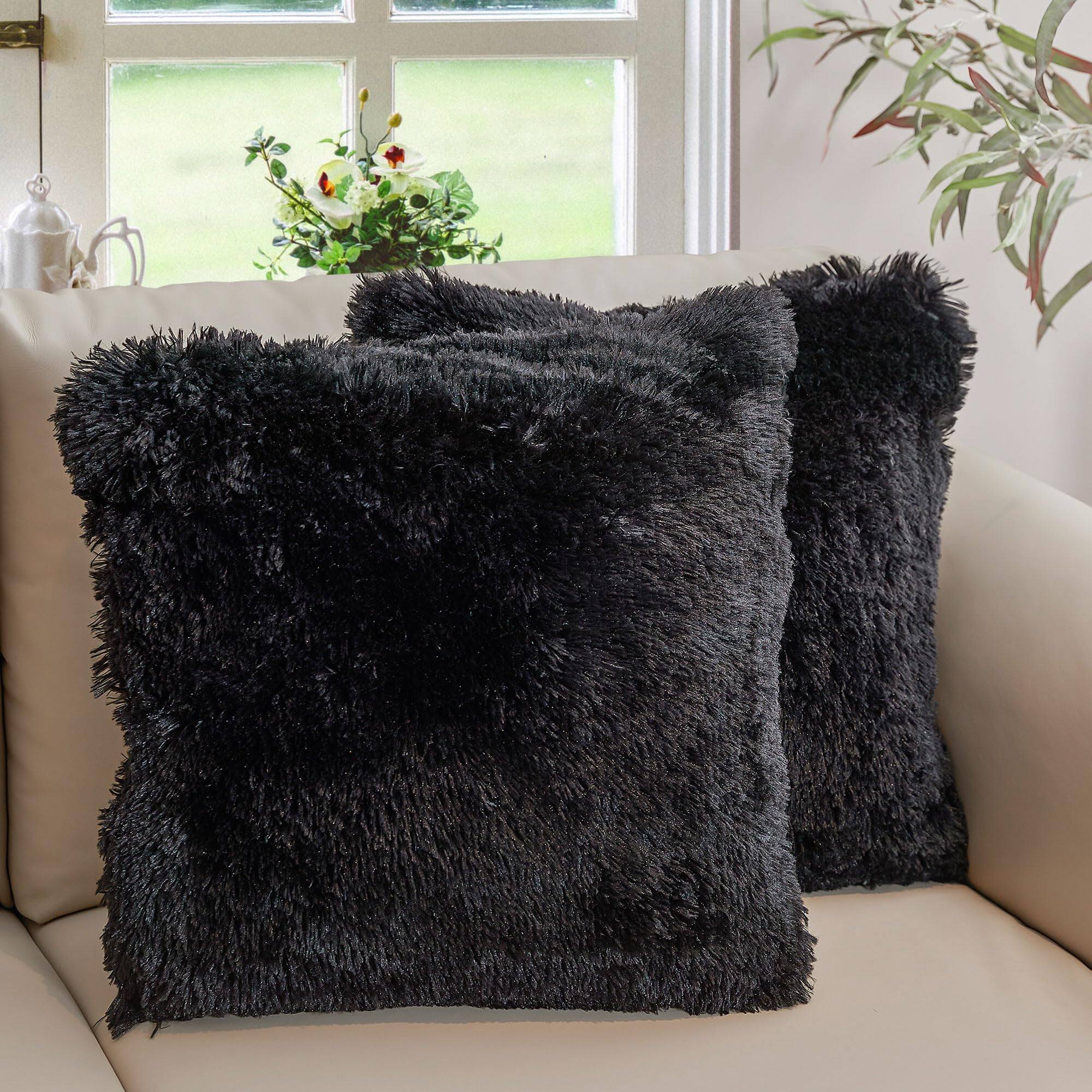 Front. Cheer Collection - Set of 2 Shaggy Long Hair Throw Pillows - Black.