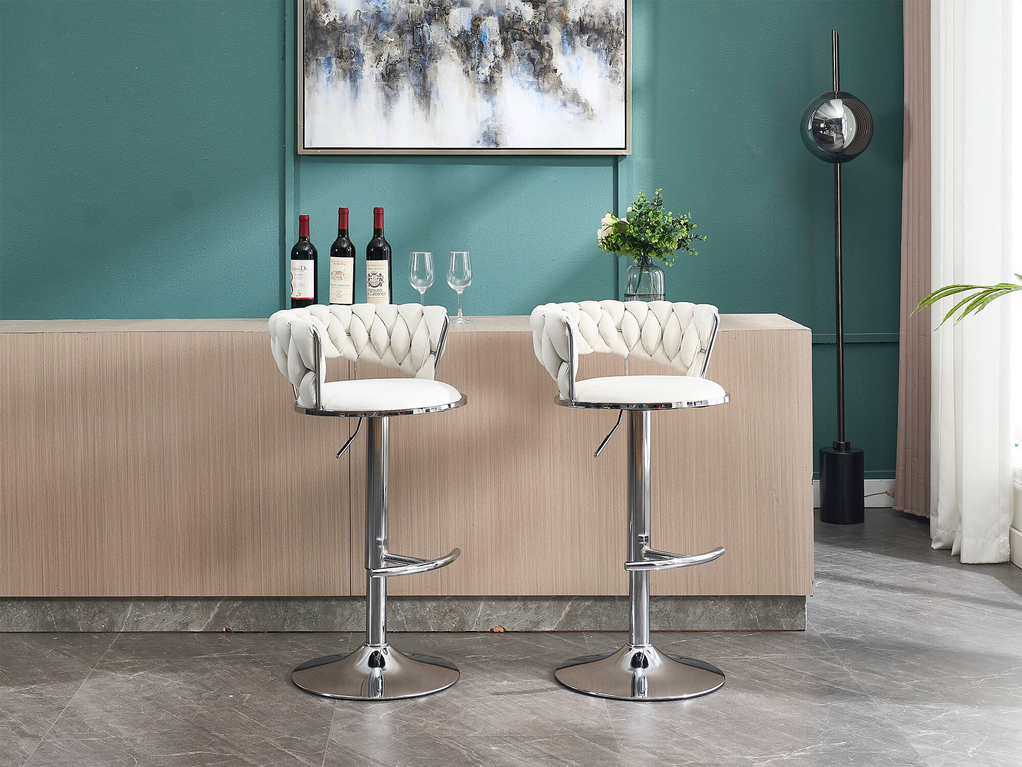 Alt View 7. APRILSOUL - Set of 2 Bar Stools Chrome Footrest Base Swivel Height Adjustable Velvet Chrome Leg CREAM - White.