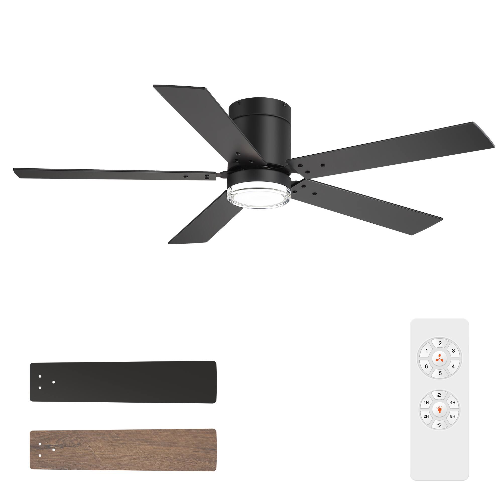 Angle. Breezary - 52-Inch Modern Flush Mount Ceiling Fan with LED Light and Remote, Dual-layer acrylic shade, 5 Blades, DC Motor - black.