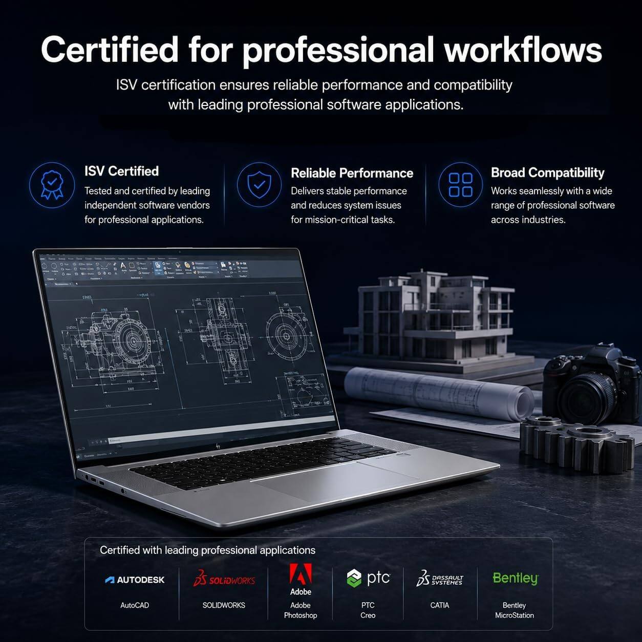 Certified for professional workflows  
ISV certification ensures reliable performance and compatibility with leading professional software applications.

ISV Certified  
Tested and certified by leading independent software vendors for professional applications.

Reliable Performance  
Delivers stable performance and reduces system issues for mission-critical tasks.

Broad Compatibility  
Works seamlessly with a wide range of professional software across industries.

Certified with leading professional applications  
AUTODESK  
AutoCAD  
SOLIDWORKS  
Adobe  
Photoshop  
PTC  
Creo  
DASSAULT SYSTEMES  
CATIA  
Bentley  
MicroStation